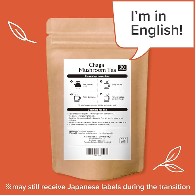 Onkatsu Farm Chaga Mushroom Premium Japanese Tea Bags, Earthy Woody Flavor, Hot or Iced, Caffeine Free, 30 Total Tea Bags