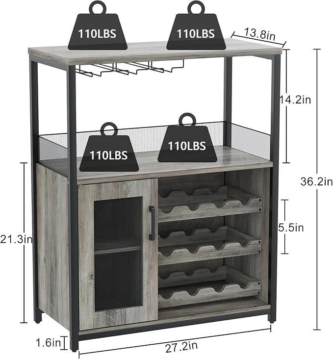 GarveeHome 3-Tier Wine Bar Cabinet with Detachable Wine Rack, Liquor Cabinet with Storage, Coffee Bar Cabinet with Glass Holder & Mesh Door, Sideboard Buffet Bar for Living Room, Dining Room, Grey