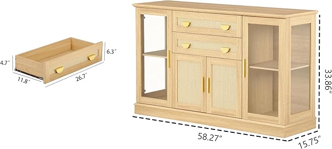 58.27'' Buffet Cabinet with 2 Drawers and Adjustable Shelves,Large Glass Door Coffee Bar Cabinet,Modern Farmhouse Sideboard Credenza for Kitchen,Natrual