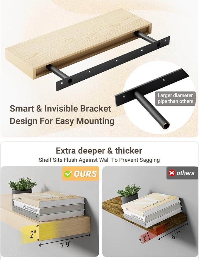 White Oak Floating Shelf for Wall, 60 Inch Long Fireplace Mantel, 2 Inch Thick Floating Shelf Wall Mounted, 8 Inch Deep Wood Shelves for Kitchen Living Room Bedroom Bathroom, 50LBS Capacity