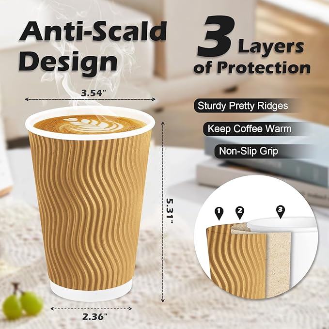 Lamosi Disposable Coffee Cups 16 OZ 90 Pack, Paper Coffee Cups 16 OZ for Hot Drinks or Cold Beverages, Insulated Corrugated Ripple Wall Cup No Lids for Office, Cafe, Home or Travel (Champagne)