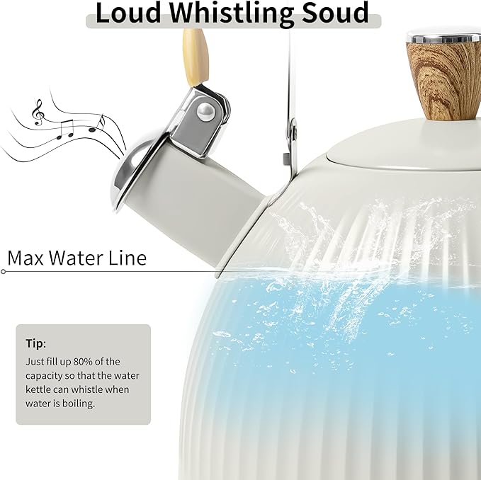 LONFFERY Tea Kettle for Stove Top, 2.5 Quart Whistling Tea Kettle, Stainless Steel and Wood Pattern Folding Handle, Creamy White