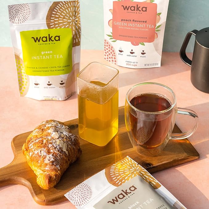 Waka Instant Tea Mix, 3 Bag Bundle - 100% Leaves, No Additives, Unsweetened Powders - Kenyan Black, Classic Green, Peach Flavored Green (4.5oz Each)