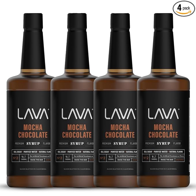 (4-Pack) LAVA Premium Mocha Chocolate Syrup, Chocolate Coffee Sweetener, 33.8oz (1-Liter), Made with 100% Sugar, No Artificial Sweeteners, Flavors, or Colors.