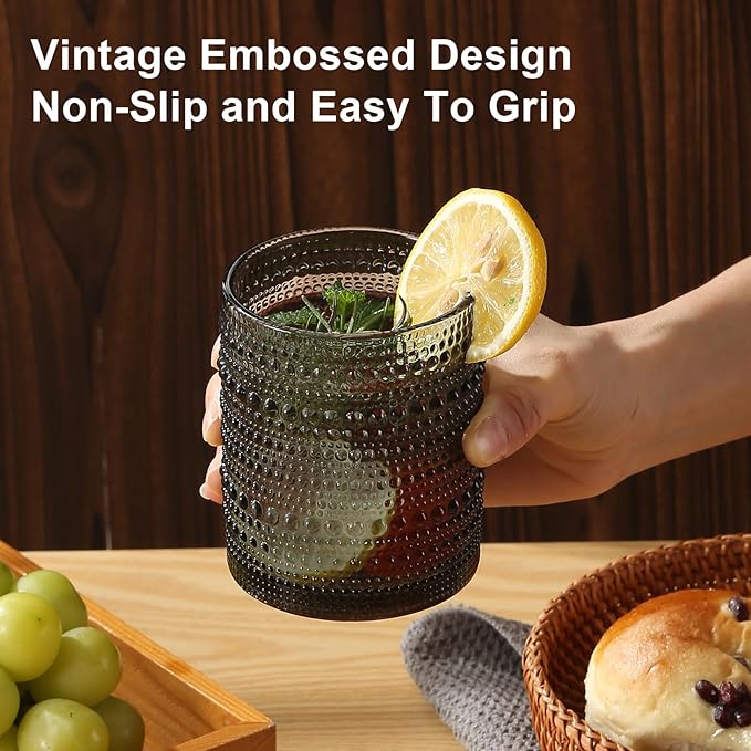 Vintage Glassware Drinking Glasses Set of 12,Grey 12oz & 15oz Hobnail Glass Cups,Embossed Water Tumbler,for Beer,Cocktail,Whiskey,Juice and Various Mixed Drinks- 1 Cleaning Brush