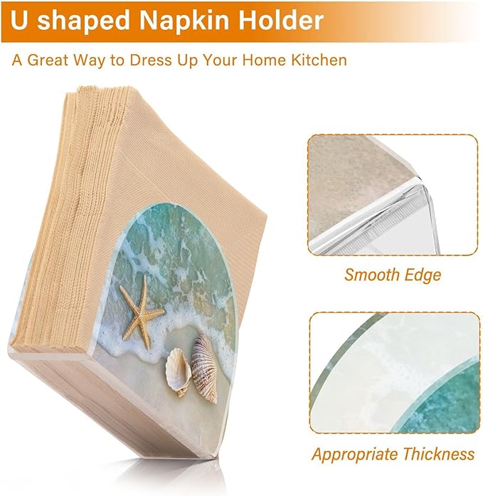 Napkin Holder Acrylic Napkin Holders for Table, Tissue Paper Cocktail Napkin Holder for Kitchen Dinner Napkins Dispenser for Bar Accessories, Blue Beach 1 Pack