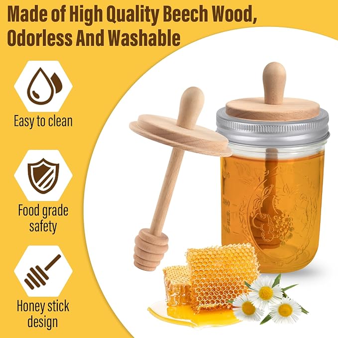 Sun3drucker Wooden Mason Jar Honey Dippers (2X 16OZ Wide Mouth)