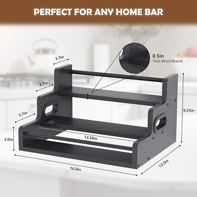 Liquor Bottle Display Shelf, LED Wine Bottle Display Rack with Remote Control, 3-Tier Bar Shelf Stand, Whiskey Spirits Wine Holder for Tavern, Liquor Cabinet, Coffee Syrup Rack for Home(Black)