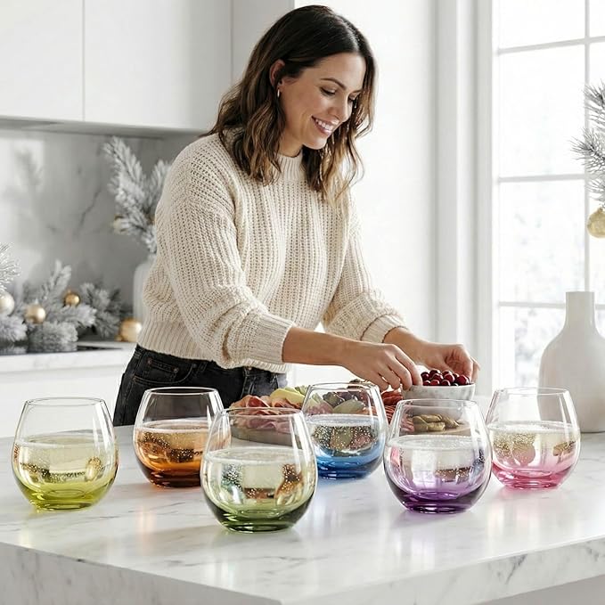 ColoVie Stemless Wine Glasses Set of 6, Large Colored Wine Glasses, Short Wine Glass Set for Red Wine, White, Red, No Stem Margarita Glasses, 15 oz
