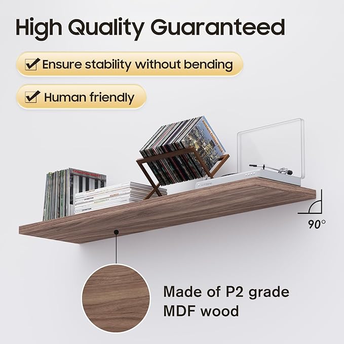 Floating Shelf, Set of 1 Wall Shelf, 36 in W x 12.75 in D x 2 in H Wooden Floating Wall Shelf with Invisible Brackets for Living Room/Bedroom/Bathroom/Kitchen Storage and Decor, Walnut