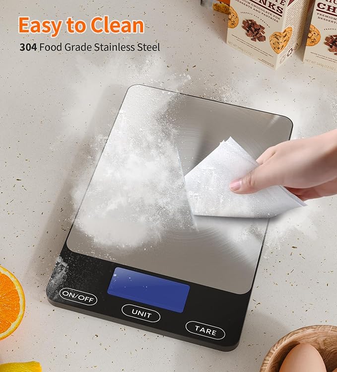 Food Scale -33lb Digital Kitchen Scale for Food Ounces Grams Rechargeable 305 Stainless Steel,Batteries and Type-C Charging | Perfect for Meal Prep, Cooking, and Baking, Black