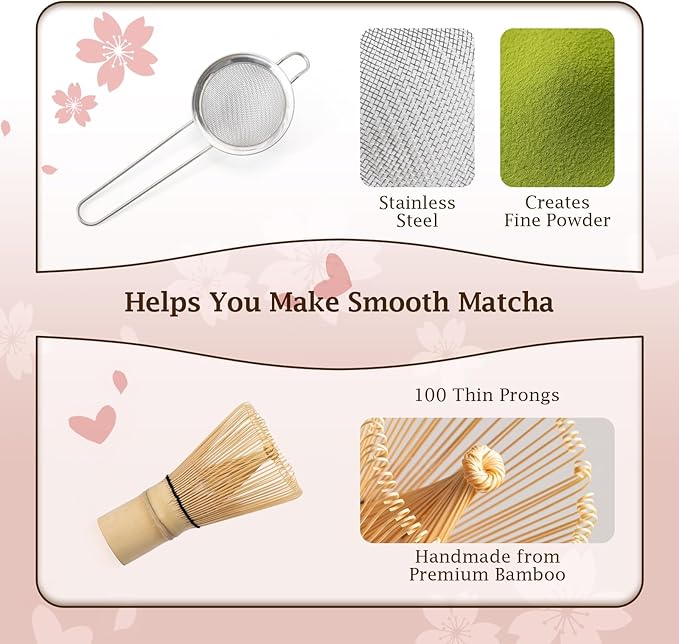 7 Pcs Matcha Kit, Matcha Bowl with Spout, Bamboo Whisk And Scoop, Ceramic Holder And Scoop Rest, Stainless Steel Sifter, Tea Towel. Speckled Pink Glaze Matcha Whisk Set for Beginners And Gifting