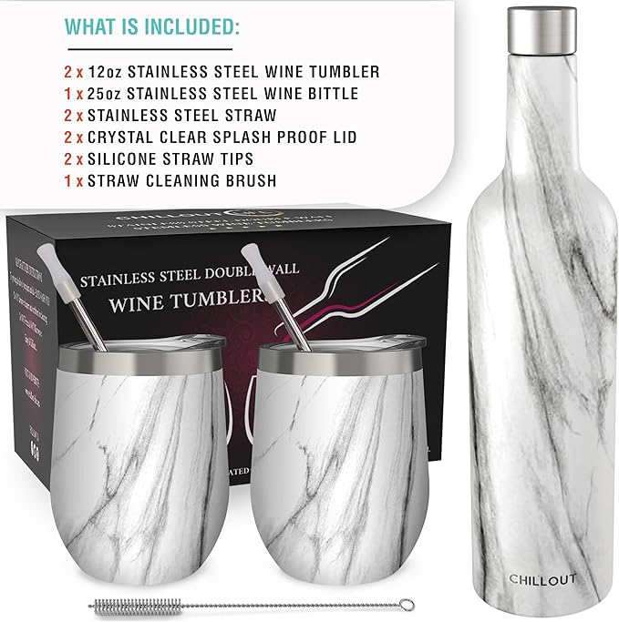 CHILLOUT LIFE 12 oz Stainless Steel Wine Tumblers 2 Pack & 1 Insulated Wine Bottle - Double Wall Vacuum Insulated Wine Glasses Cups with Lids and Straws Set Keeping Cold & Hot Gift Set