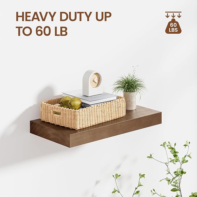 Heimlove Floating Shelves for Wall,2 Packs 16 inches Natural Pine Solid Wood Floating Shelves, 8 inches Deep Wooden Shelves for Kitchen Bedroom Office & Living Room Wall Decor