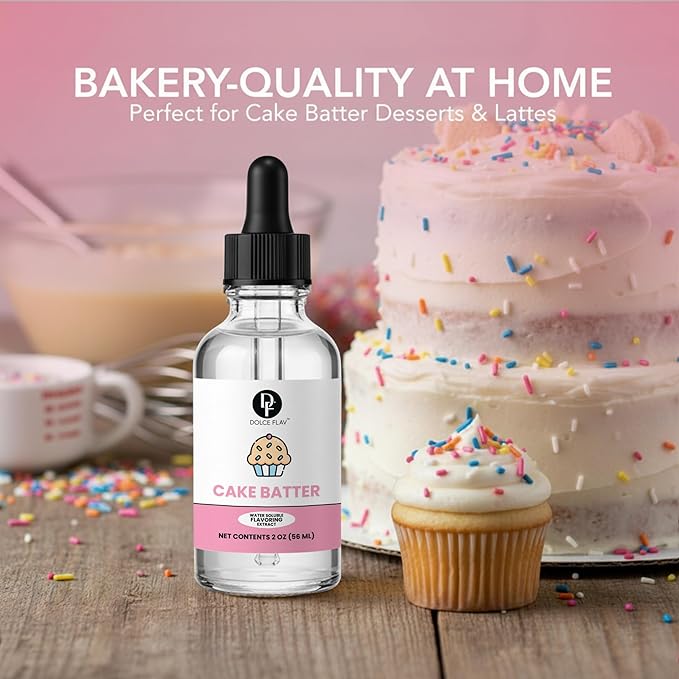 Dolce Flav Natural Cake Batter Extract – 2 Ounce Water-Soluble Kosher, Sugar-Free, Concentrated Birthday Cake Flavor for Frosting, Cupcakes & Ice Cream, Includes Measured Dropper