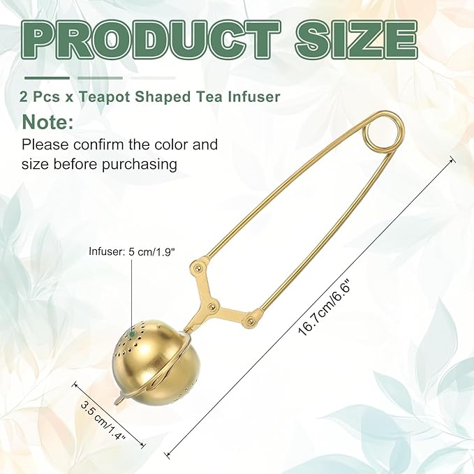 uxcell 2 Pcs Tea Infuser, Stainless Steel Loose Leaf Tea Infuser Filter for Cup and Teapot, Long Handle Tea Steeper Strainers for Tearoom Office Home, Teapot shaped, Golden