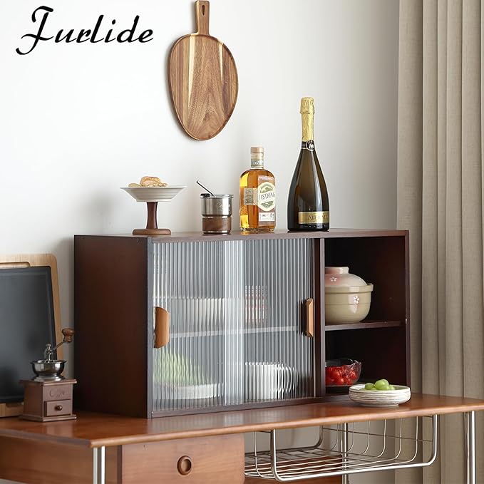 Wall Mounted Bamboo Countertop Storage Cabinet with Glass Door, Hanging Kitchen Cupboard with Adjustable Shelves, Small Pantry Sideboard for Dining Room, Bathroom, Walnut