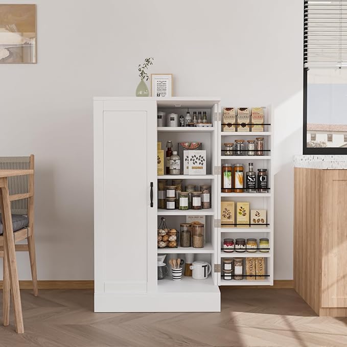 VINGLI Pantry Cabinet, 40.5" H Food Storage Freestanding Cupboard for Small Space in Dining Room, Living Room, White Kitchen Storage Cabinet with 2 Doors and Adjustable Shelves