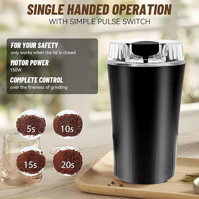 Electric Spice Grinder and Coffee Grinder with One-Touch Pulse Control, 150W Power for Efficient Grinding of Spices, Coffee, and Kitchen Ingredients