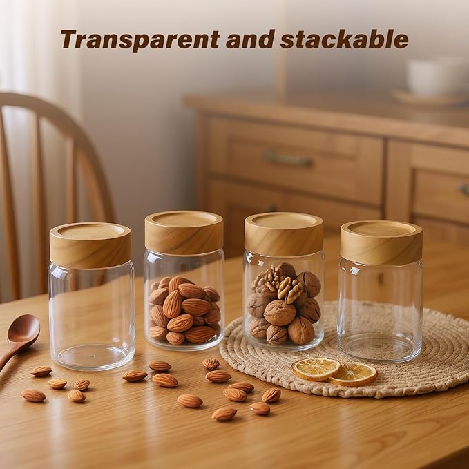 6pc 8oz Glass Mason Jars with Acacia Wood Airtight Lids - Food Storage Container Set, Clear Stackable Leakproof Kitchen Canisters for Meal Prep/Snack Organization/Spice Storage