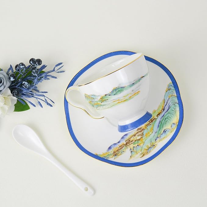 Bone China Tea Cup and Saucer Set, Bone China Coffee Cups and Saucers, Vintage Blue and White TeaCups snd Saucers Gift for Mom Friend Tea Party (Blue D)