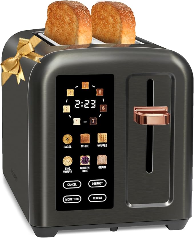 SEEDEEM Toaster 2 Slice, Touch Control Stainless Toaster LCD Display, 50% Faster Heating Speed, 1.4'' Wide Slots, More Timer Functions, Removable Crumb Tray, 1350W, Dark Metallic
