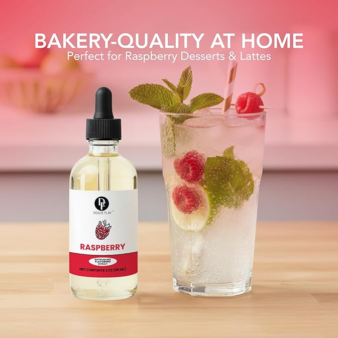 Dolce Flav Natural Raspberry Extract 2 oz – Kosher, Sugar-Free, Concentrated Tart Raspberry Flavoring for Baking, Beverages & Desserts, Includes Measured Dropper