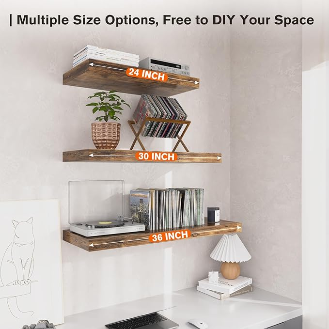 Floating Shelf, Set of 1 Wall Shelf, 36 in W x 12.75 in D x 2 in H Wooden Floating Wall Shelf with Invisible Brackets for Living Room/Bedroom/Bathroom/Kitchen Storage and Decor, Rustic Brown