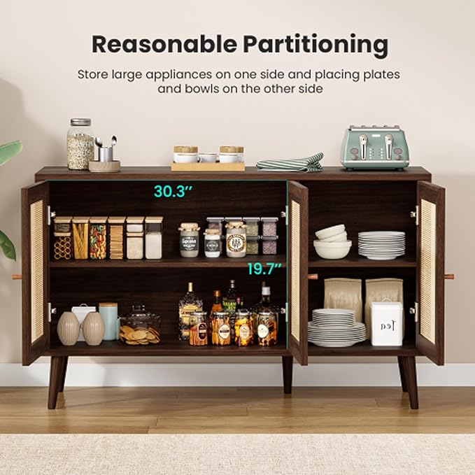 47.2" Buffet Cabinet with Storage Accent Sideboard, Modern Kitchen Cabinet with Rattan Doors, Wood Coffee Bar Table Console for Kitchen Living Room Entryway, Walnut