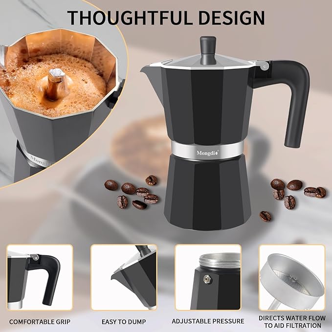 Mongdio Stovetop Espresso Maker Moka Pot, Stove Top Cuban Coffee Maker, Italian Greca Mocha Pot, 9 Espresso Cups, 15 oz - Black