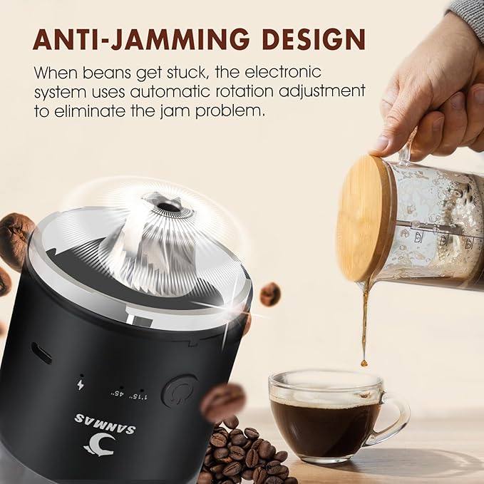 SANMAS Electric Burr Coffee Grinder with Stainless Steel Grinding Core, Rechargeable Coffee Beans Mil Grinder with 80 Grind Settings from Fine to Coarse for Espresso, Portable for Camping Travel