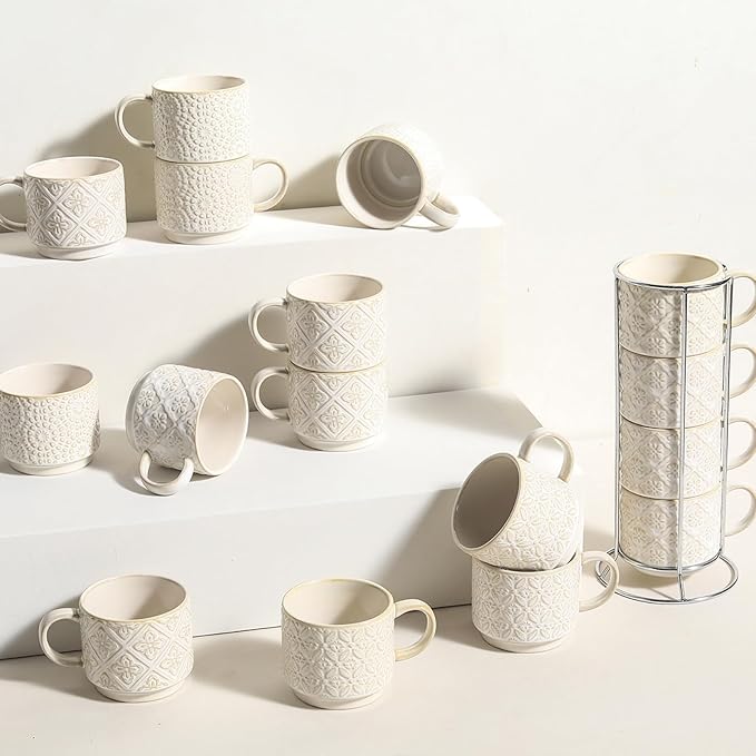 6 Oz Coffee Mugs with Stand, Stackable Coffee Cups Set of 4, Ceramic Espresso Cups, Embossed Cappuccino Cups for Latte, Cocoa, Mocha, Tea, Housewarming Wedding Present, Dishwasher Safe
