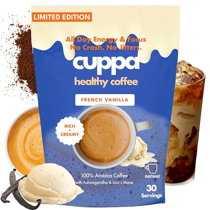Cuppa French VanillaHealthy Mushroom Instant Coffee with Lion's Mane & Ashwagandha for All Day Energy & Focus - No Crash or Jitters - Nootropics for Brain Health, Gut Health, Immunity, Stress, Memory + Mood - 30 Servings