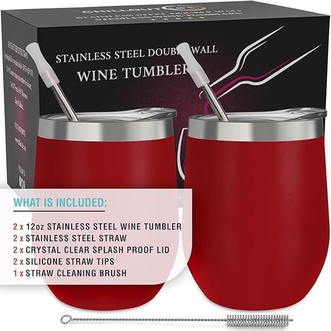 CHILLOUT LIFE 12 oz Stainless Steel Wine Tumblers 2 Pack - Double Wall Vacuum Insulated Wine Glasses Cups with Lids and Straws Set Keeping Cold & Hot for Coffee, Beer, Ice Cream - Powder Coated Red