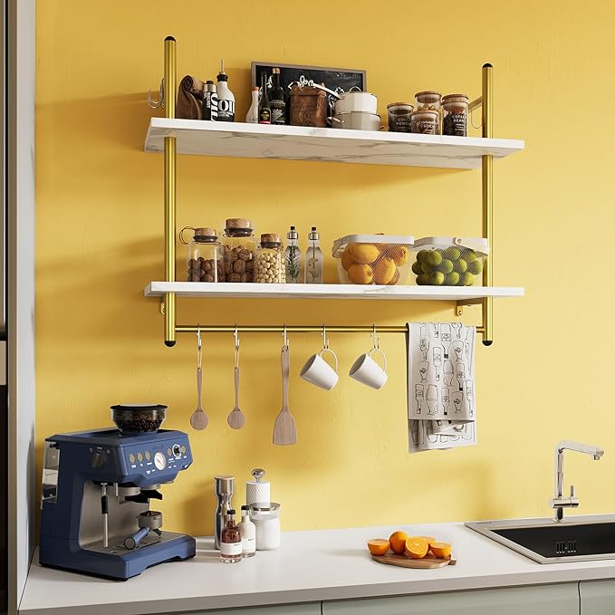 Bestier Floating Shelving 31" Kitchen Wall - Mounted Shelf with Towel Bar Hooks Coffee Bar Shelf Wine Hanging Display Rack Bookshelf Living Room Decor Bathroom - White Marble