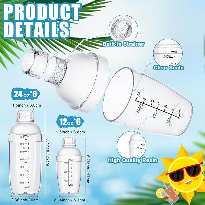 Lallisa 12 Pcs Plastic Cocktail Shaker Drink Mixer with Scales and Strainer Top Clear Shaker Cup with Measurement Plastic Bar Mixing Tool for Tea Coffee Bubble Tea Milk(350cc/ 12 oz and 700 Cc/ 24 oz)