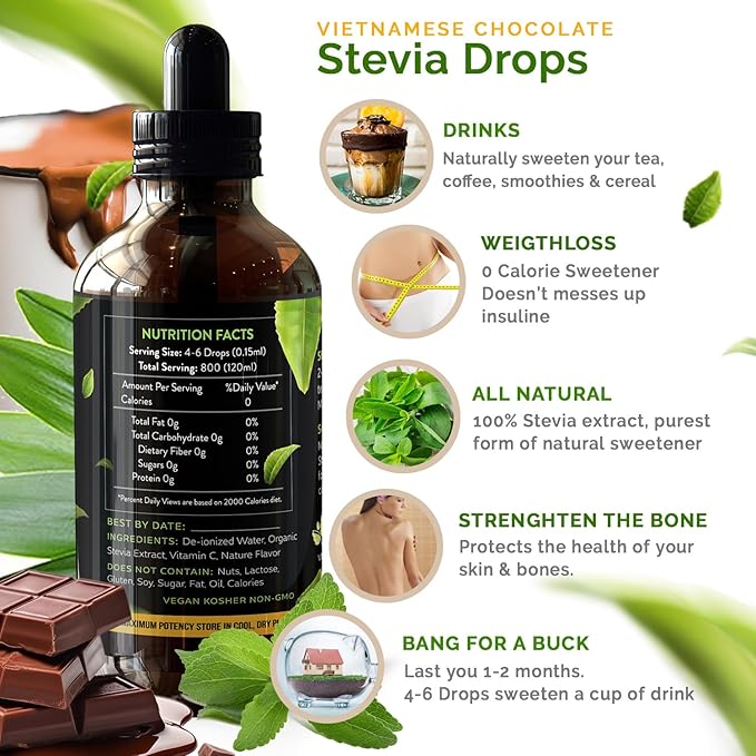 Enzo Liquid Stevia Drops Our Zero Calories Sweetener (4oz - 800 Servings/Bottle) - Chocolate - All Natural flavoring with No Artificial Additives & Filler Ingredient