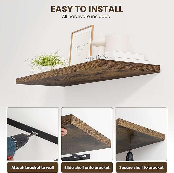 Dreamland 32" Floating Shelves for Wall, 12" Deep Slim Rustic Brown Floating Shelves, Wall-Mounted Shelves for Bedroom, Living Room, Kitchen, Bathroom - Set of 2