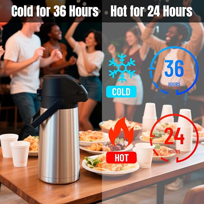 PARACITY Airpot Coffee Carafe Thermal 64 Oz(1.9L) with Lever Action/Pump, Stainless Steel Coffee Carafe for Keeping Hot, Hot Water/Beverage/Chocolate Dispenser for Party Breakfast Camping