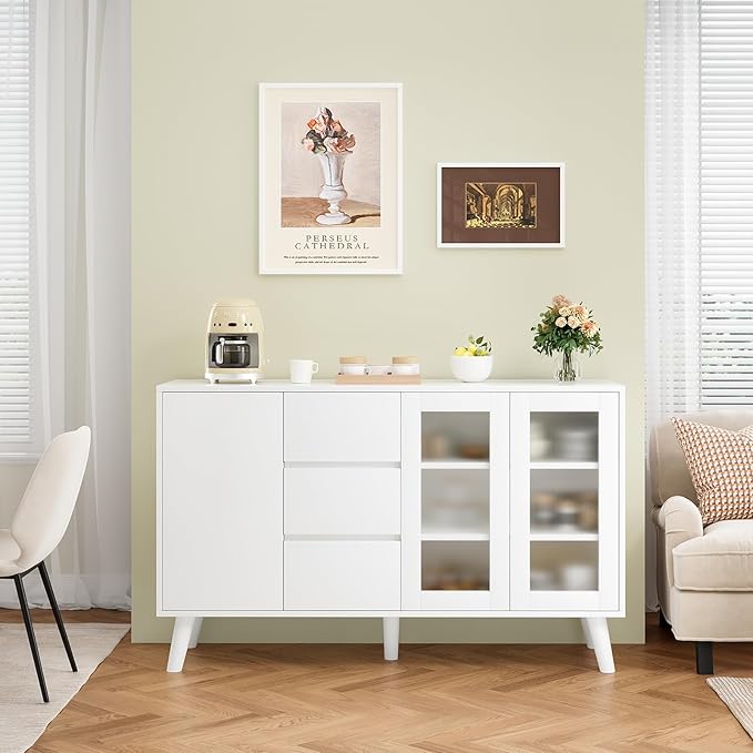 Soohow Farmhouse Buffet Cabinet, 55.5" Coffee Bar with 3 Drawers and Pop-Up Doors, Large Rustic Sideboard for Dining Room, Kitchen, Hallway, and Living Room