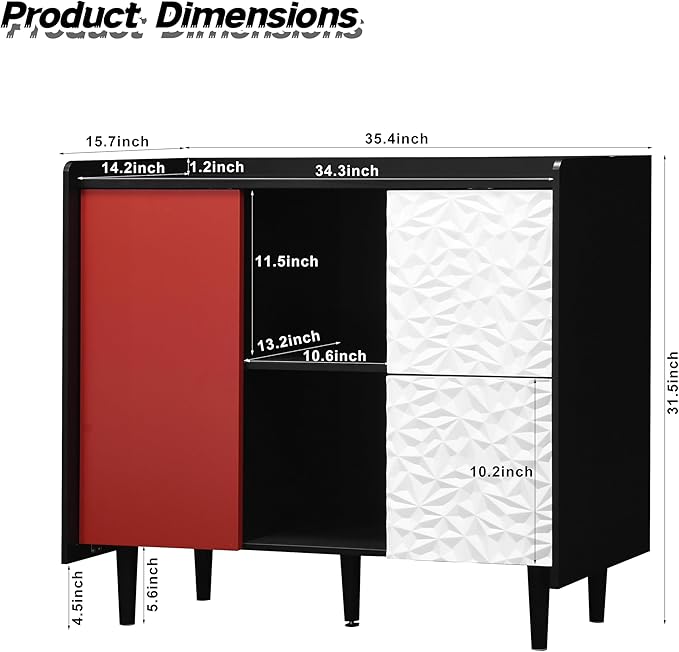 35" Modern Buffet Cabinet & Coffee Bar, Small Sideboard with 3D Geometric Drawers, Push-to-Open Door & Adjustable Shelves, Unique Color Block Accent Storage for Kitchen, Dining, Entryway