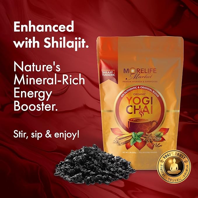MoreLife Market Yogi Chai | Ayurvedic Turmeric & Shilajit Blend for Digestion, Immunity & Calm | Organic Herbal Tea Powder for Wellness | Caffeine-Free Traditional Indian Chai - 8oz (230g)