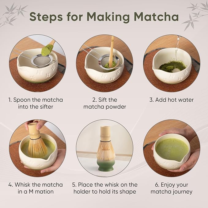 Matcha Whisk Set - Traditional Bamboo Chasen with Bowl, Complete Matcha Tea Making Kit & Starter Tools for Authentic Japanese Ceremony (Mottled Green02, 8pcs/set,Bowl entry-level Set)