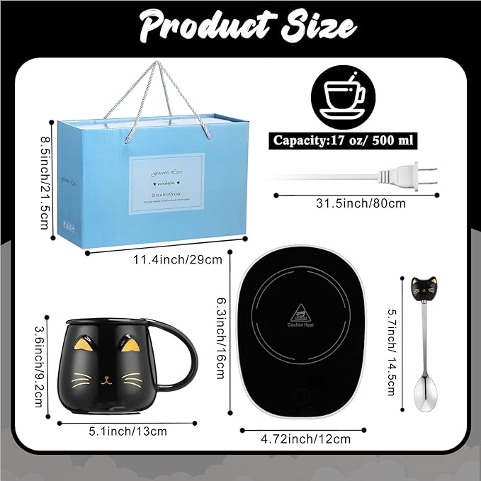 Cat Coffee Cup Coffee Warmer with Mug for Women Electric Mug Heater Temperature Control Ceramic Cute Cat Warmer for Office Christmas Birthday Gift(Black)