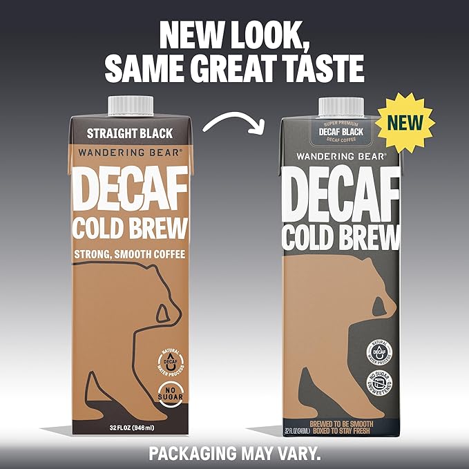 Wandering Bear Decaf Cold Brew Coffee - Bold, Smooth, No Sugar Added, Shelf-Stable, Ready to Drink, Gluten Free & Vegan Decaf Iced Cold Brewed Coffee Drink - 32 fl oz, 6 pack