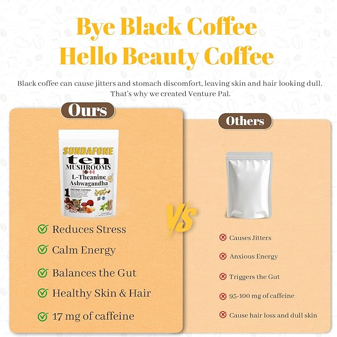 SUNDAFONE Mushroom Coffee with L-Theanine, Ashwagandha,Lion's Mane, Reishi and 10 Adaptogenic Mushrooms; Super Instant Cold Brew Protein Iced Coffee Blend; 0g of Sugar, Low Caffeine, 30 Servings