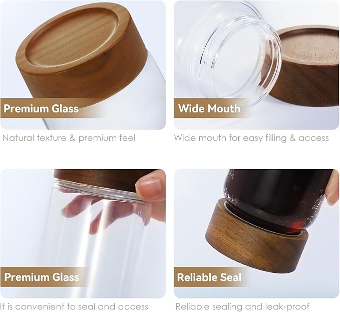 6 -Piece 13 oz Food-Grade Glass Mason Jars with Acacia Wood Lids, Sealable Waterproof, Transparent Easily Stackable for Overnight Oats, Spice Storage & Snack Organizing