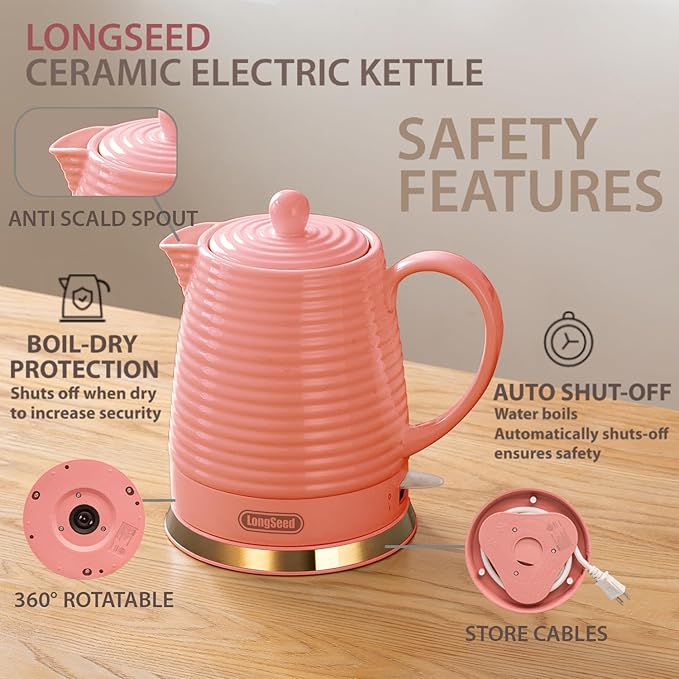 1.2 Liters Ceramic Electric Kettle with Infuser & Mug Set,1000W Fast Boil Water for Tea Coffee, Teapot with Boil-Dry Protection Auto Shut Off, Detachable Swivel Base