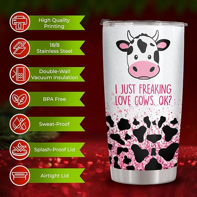34HD Just Freaking Lover Cows OK Tumbler with Lid, 20 Oz Stainless Steel Vacuum Insulated Cow Print Cup, Farm Animal Gifts for Women Birthday Mothers Day Graduation Christmas