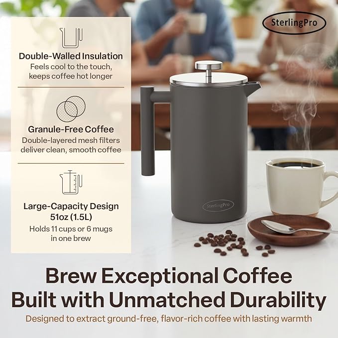 Stainless Steel French Press Coffee Maker Large 1.5 L(51 oz) Gray – Durable Double Walled Insulated Coffee Press Keeps Drinks Hot, Easy to Use and Clean Stylish Design for Rich Flavor